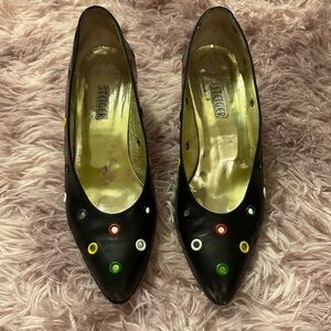 Women’s Walter Steiger Black Linen Pumps with Colorful Eyelets Size 7